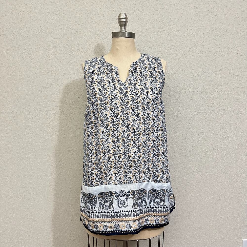J. JILL Love Linen Tunic Top Floral Elephant Sleeveless Boho Hippie